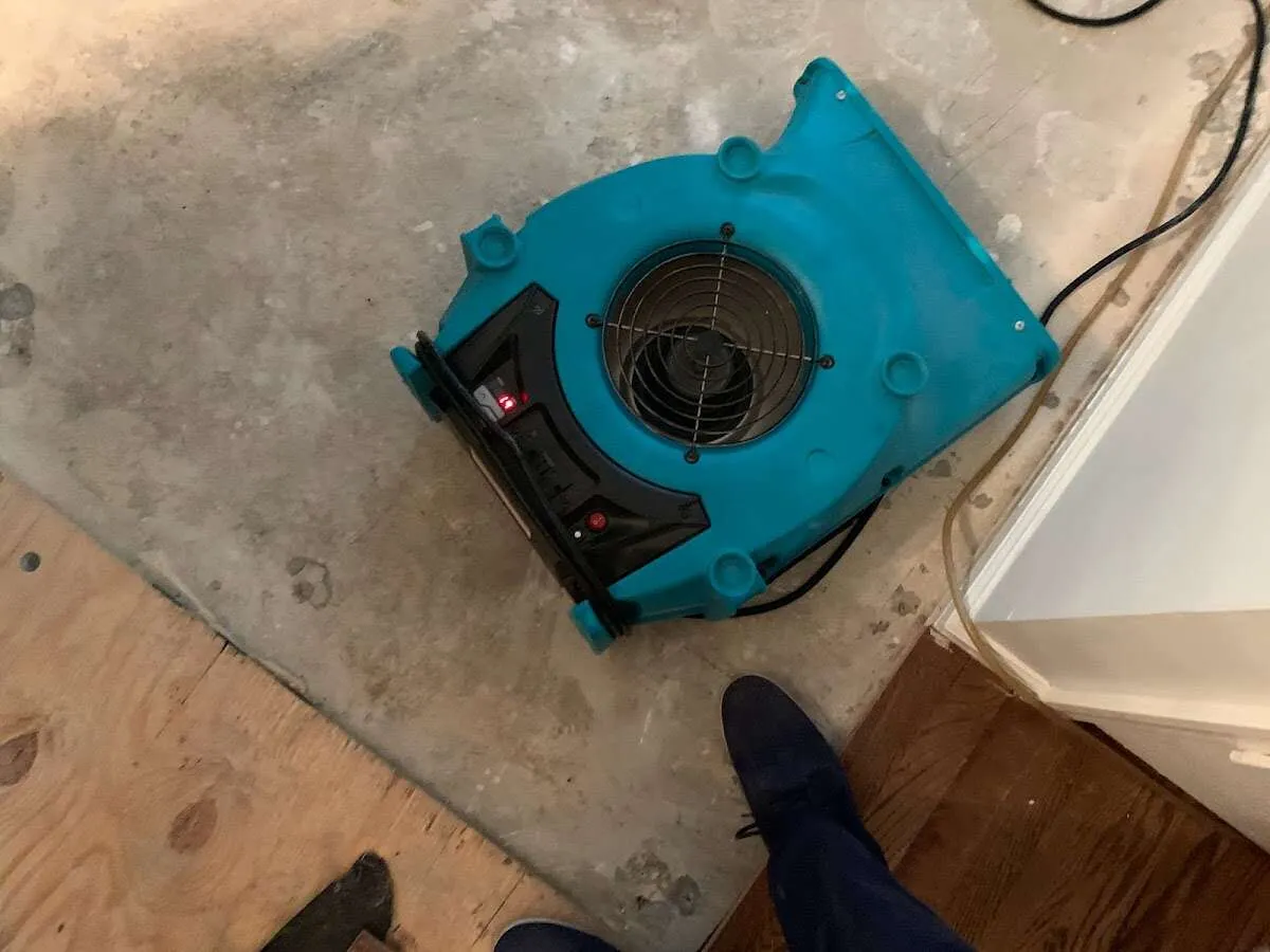 Air mover drying subfloor during Commercial Water Damage Restoration in League City
